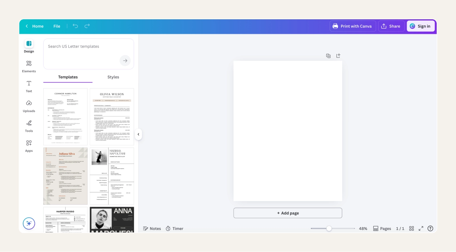 Screenshot of the Canva AI Resume Builder showing the editor
