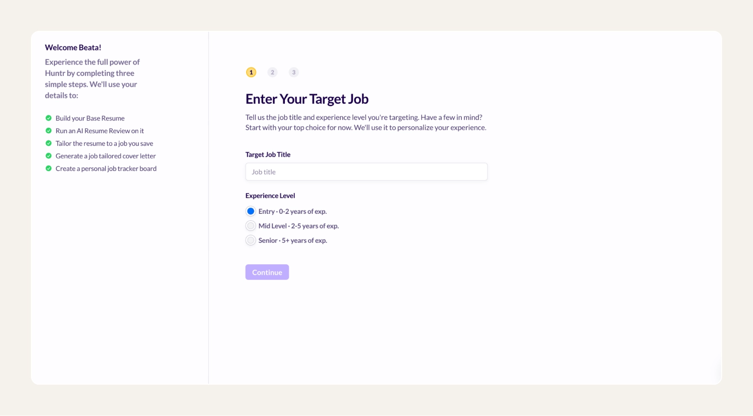 Screenshot of the Huntr AI Resume Builder showing the editor