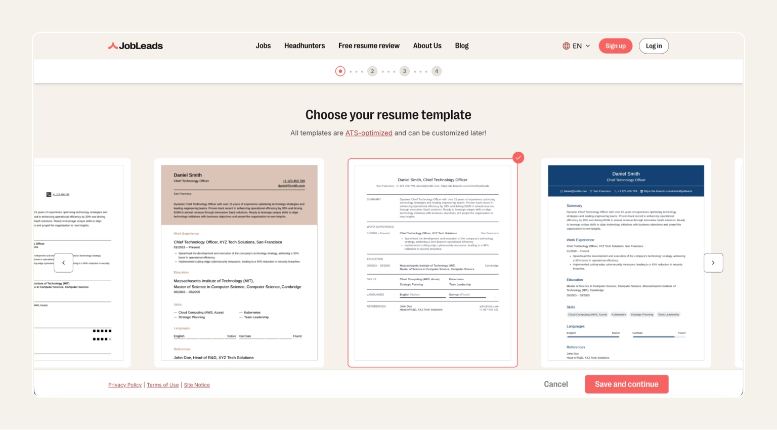 Screenshot of the JobLeads AI Resume Builder showing resume editor, ATS match score, and job tailoring controls