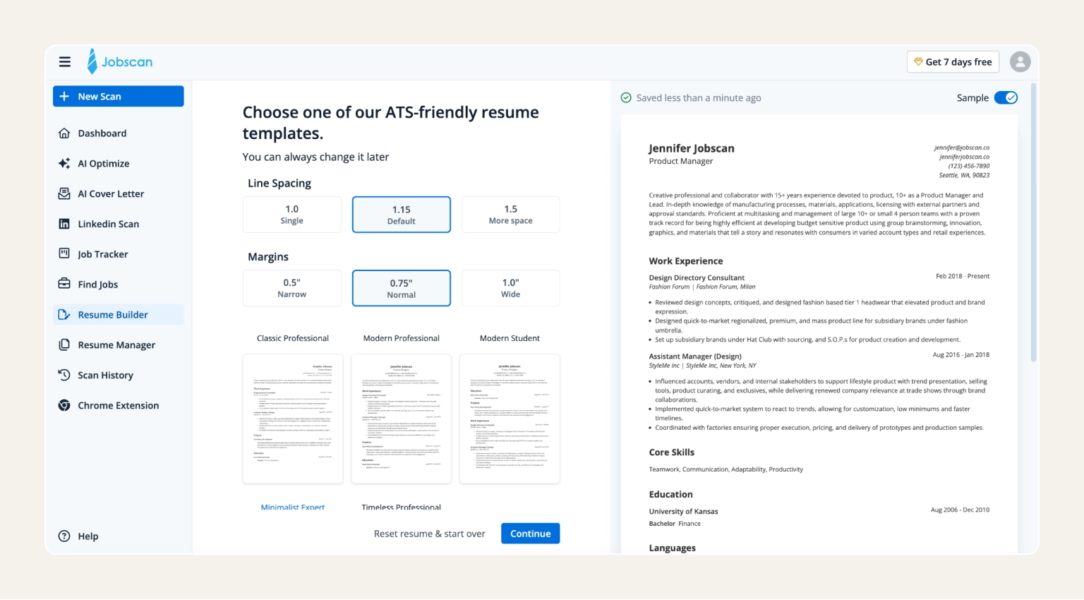 Screenshot of the Jobscan AI Resume Builder showing ATS resume templates