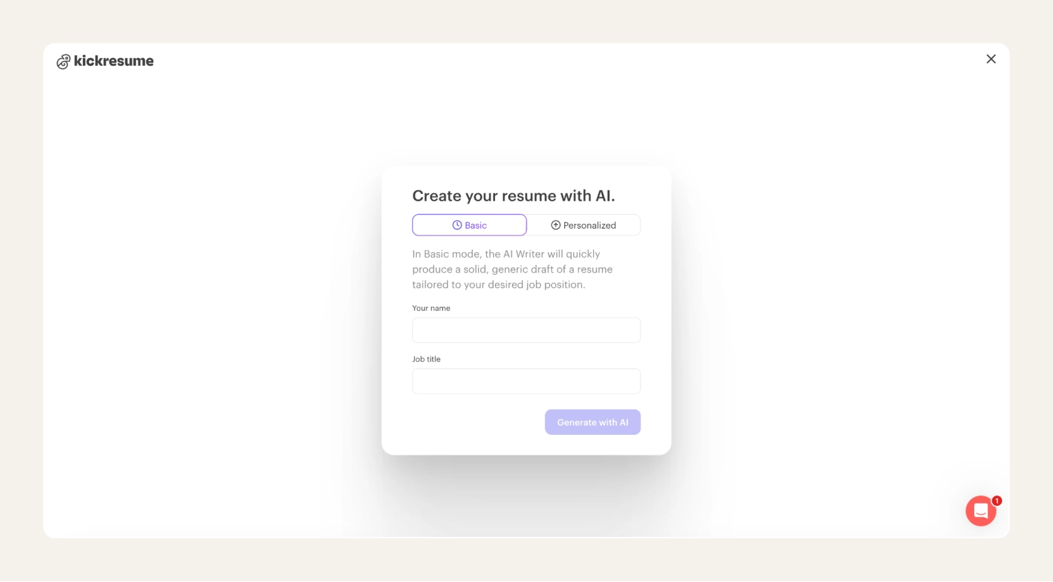 Screenshot of the Kickresume AI Resume Builder showing the generate resume with AI option