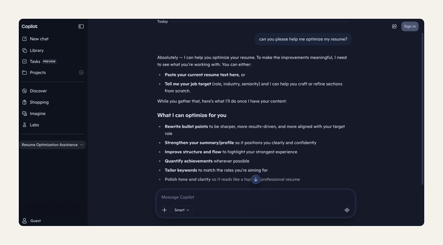 Screenshot of the Microsoft Copilot AI Resume Builder showing the editor
