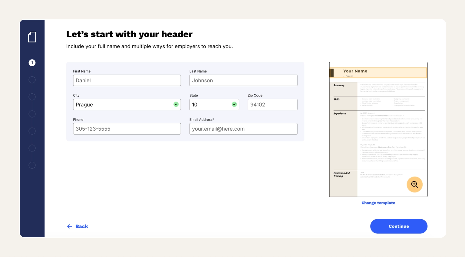 Screenshot of the Resume.now AI Resume Builder showing the editor