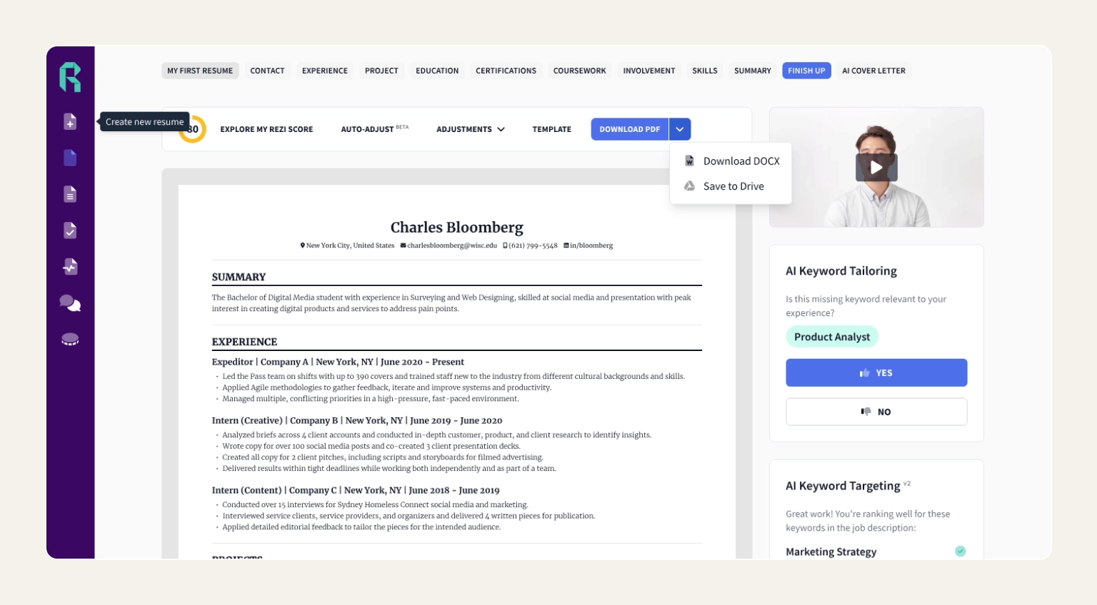 Screenshot of the Rezi AI Resume Builder showing the editor with the live Rezi Score and keyword targeting panel