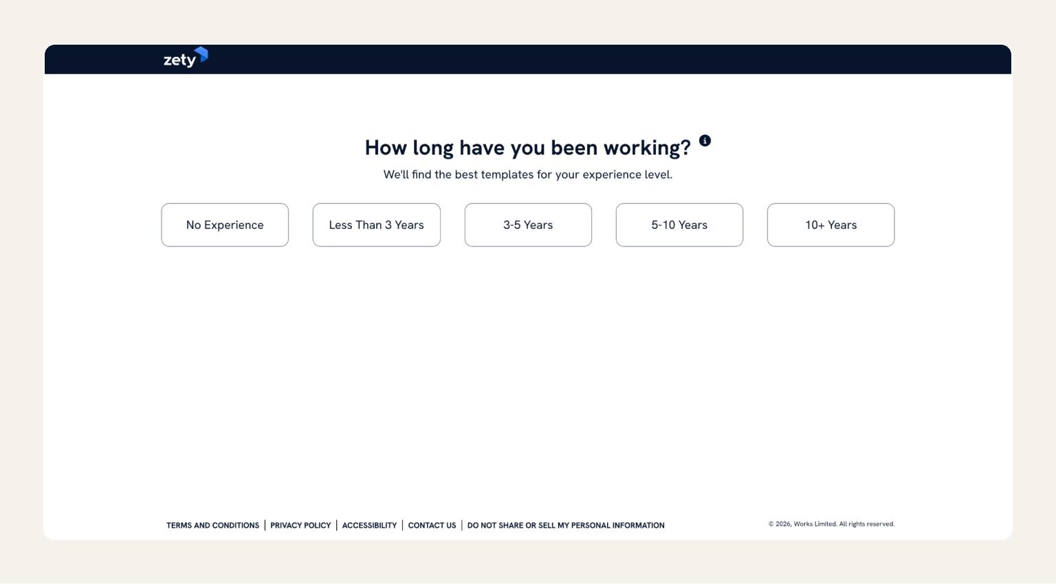 Screenshot of the Zety AI Resume Builder showing the survey for the CV builder