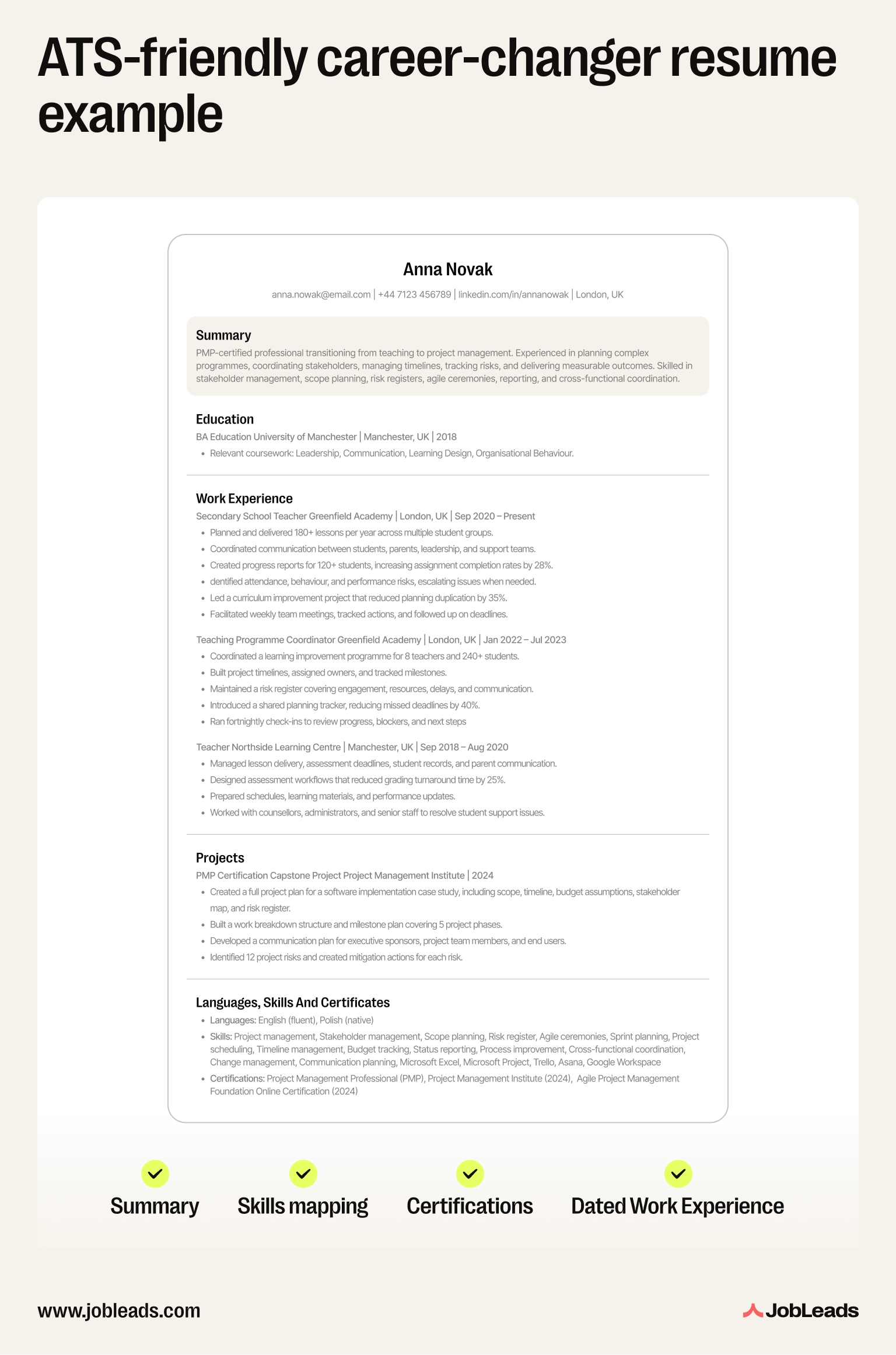 Annotated example of an ATS-friendly career-changer resume showing how transferable skills are mapped to project management language