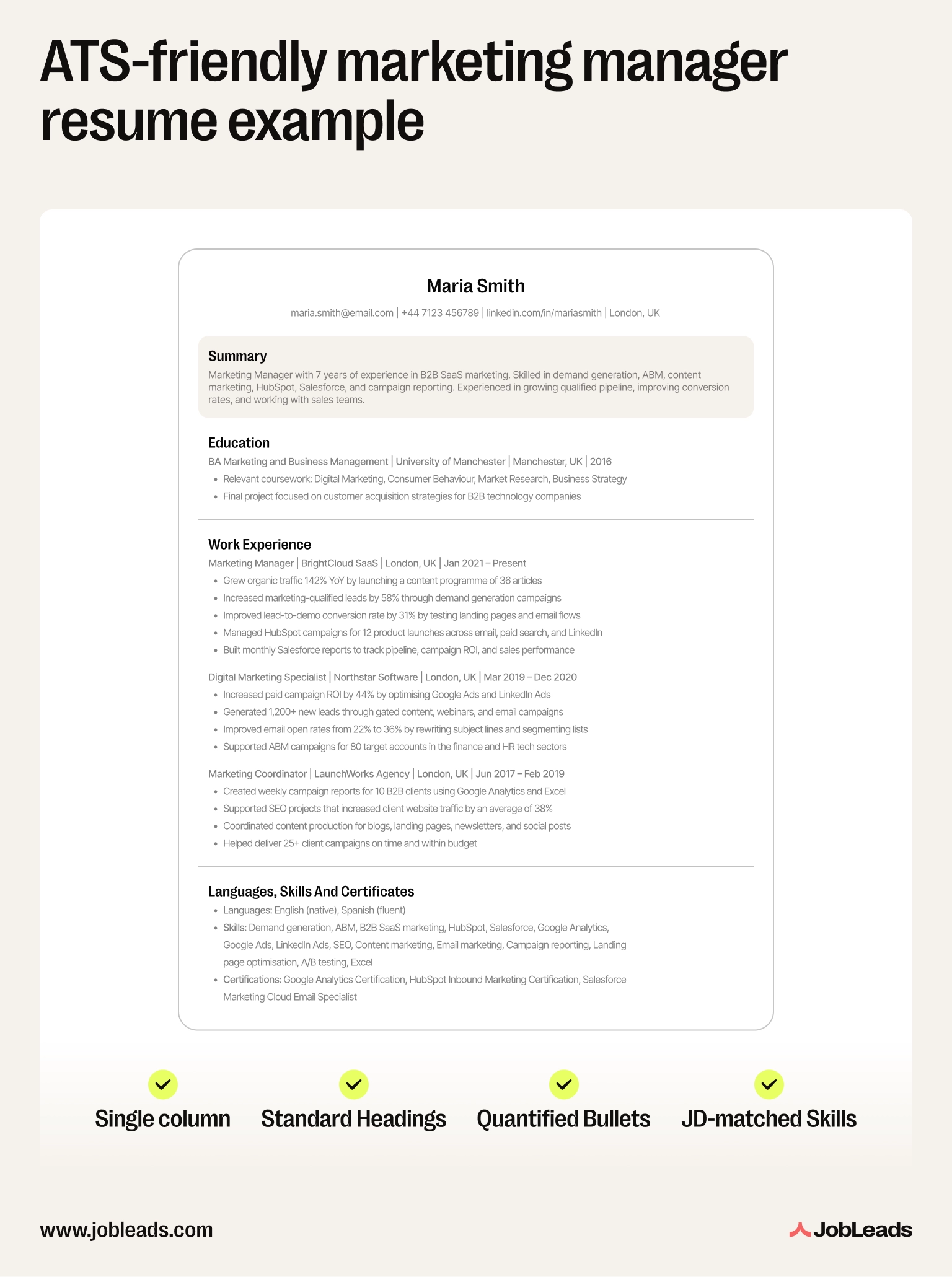 Annotated example of an ATS-friendly marketing manager resume showing standard headings, single-column layout, and quantified bullets