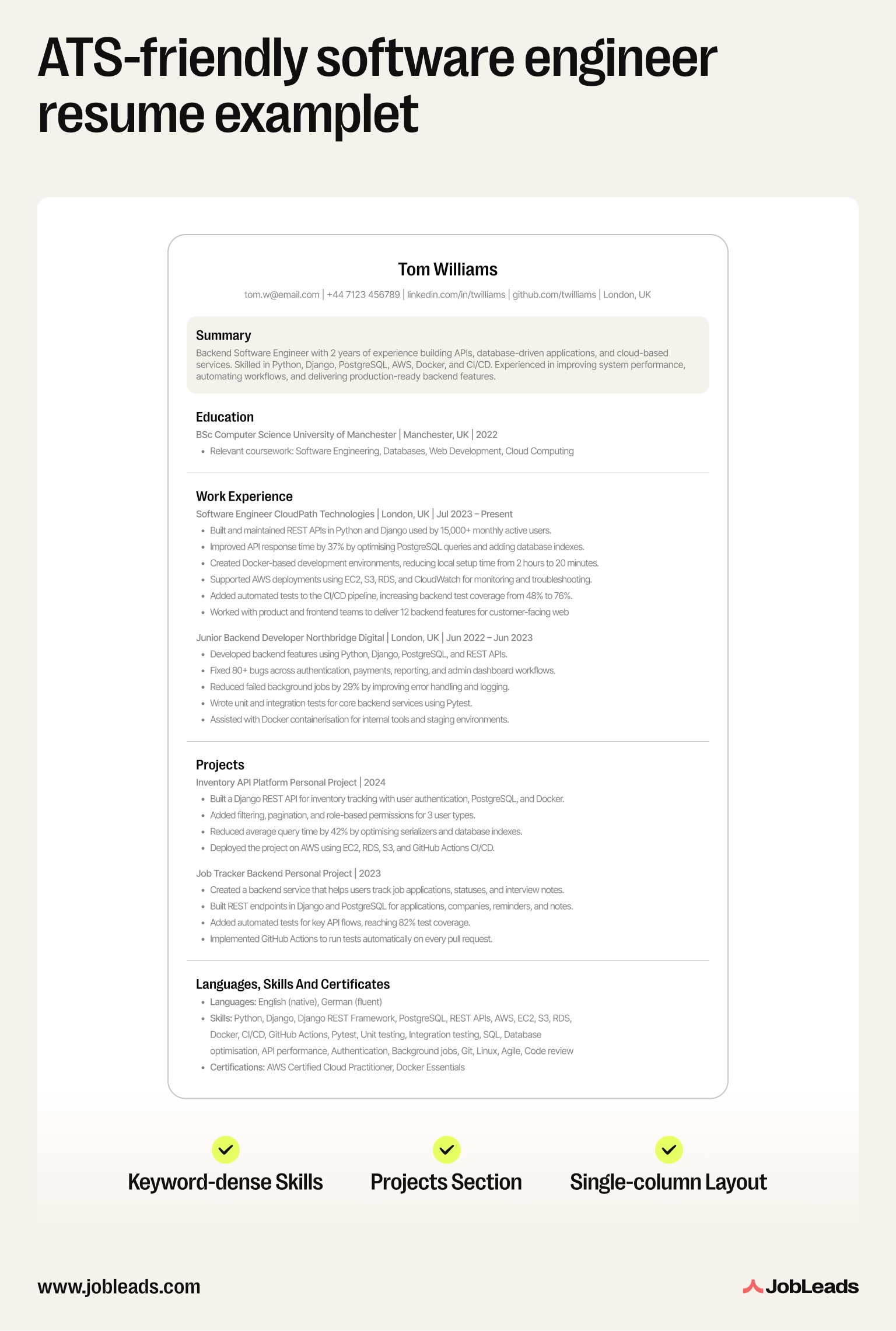 Annotated example of an ATS-friendly software engineer resume highlighting the Skills section, Projects section, and ATS-safe formatting