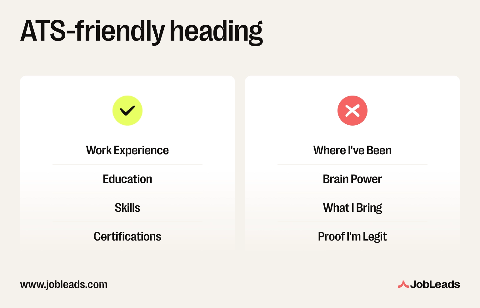 Comparison of ATS-friendly section headings such as Work Experience and Skills versus creative headings like Where I've Been and Brain Power