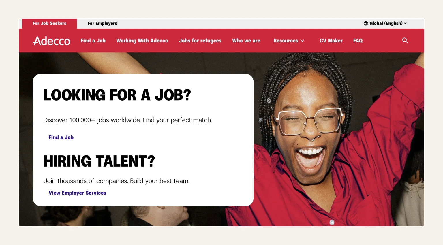 Screenshot of the Adecco homepage, a staffing agency known for global staffing across industries