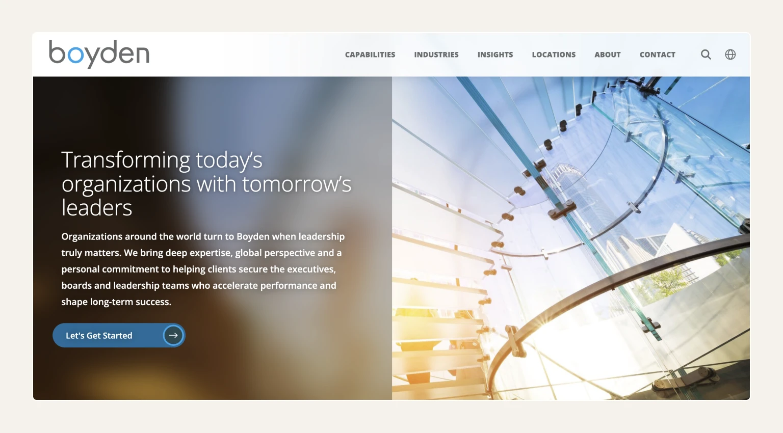 Screenshot of the Boyden homepage, a boutique executive search firm with a global partner network