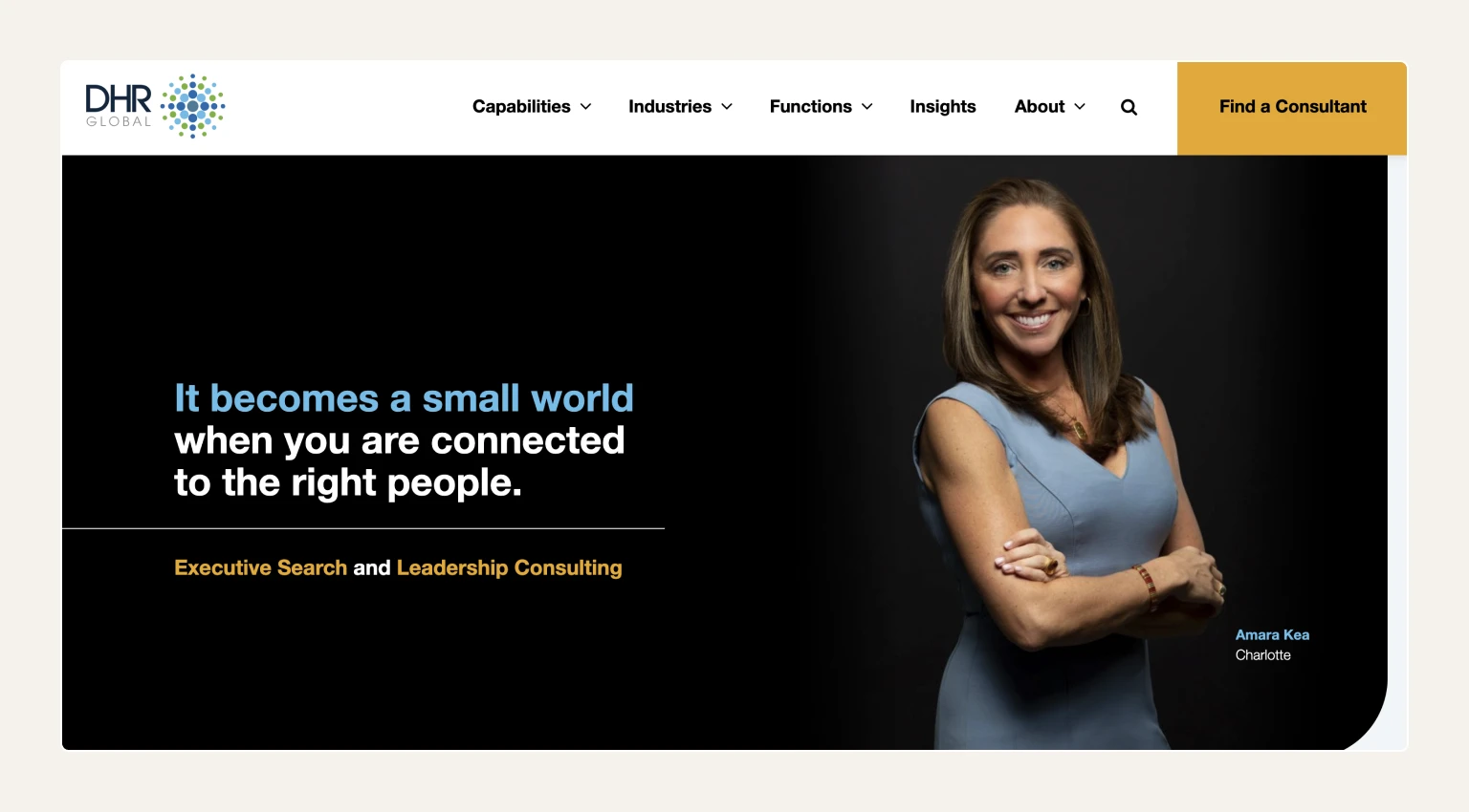 Screenshot of the DHR Global homepage, an executive search firm known for faster mid-market search turnaround