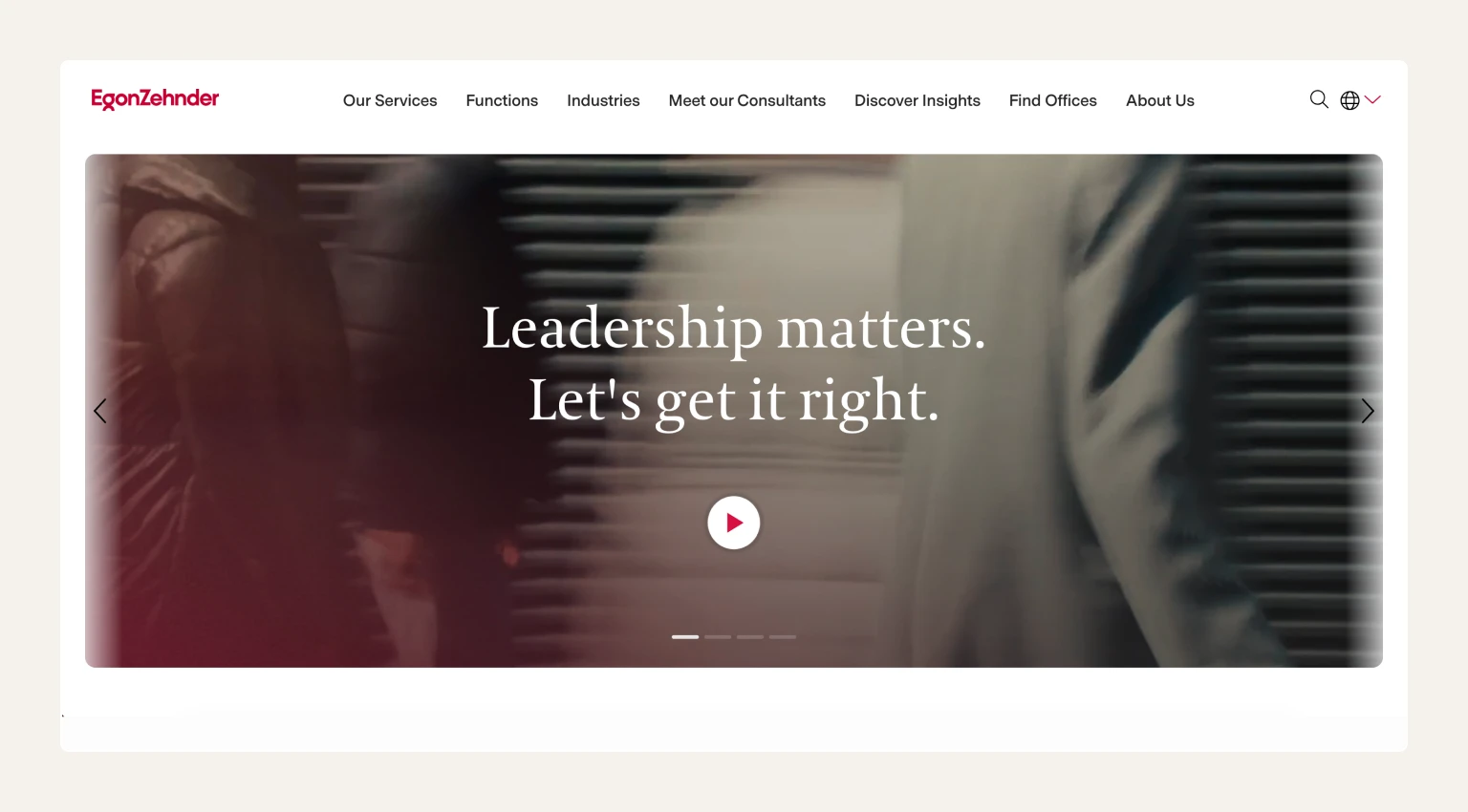 Screenshot of the Egon Zehnder homepage, an executive search firm known for leadership advisory alongside search