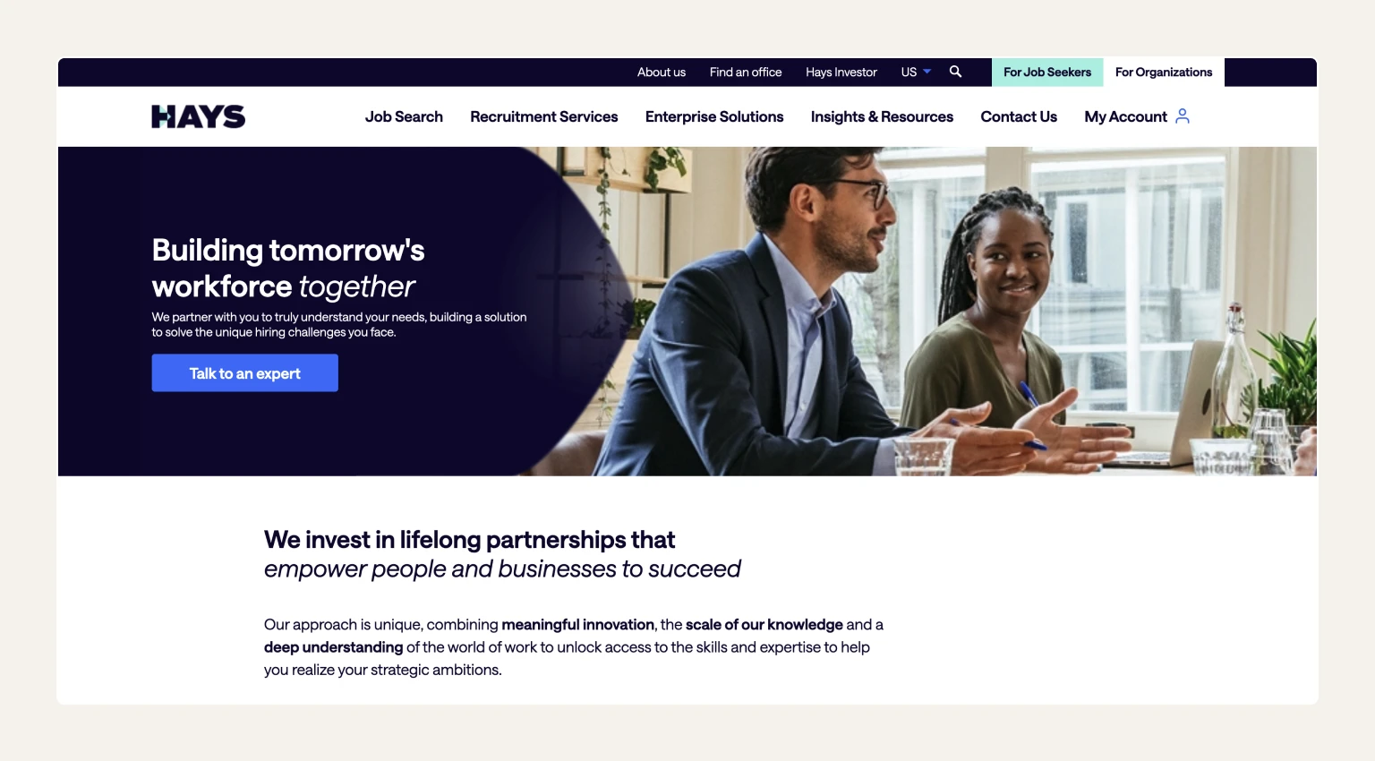 Screenshot of the Hays homepage, a recruitment agency known for large-scale specialist staffing
