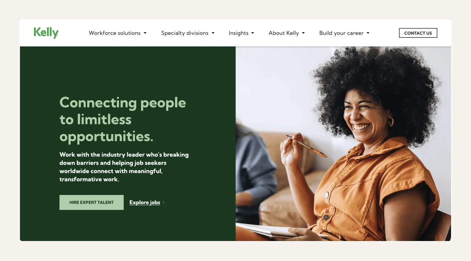 Screenshot of the Kelly Services homepage, a staffing agency known for flexible and specialist staffing