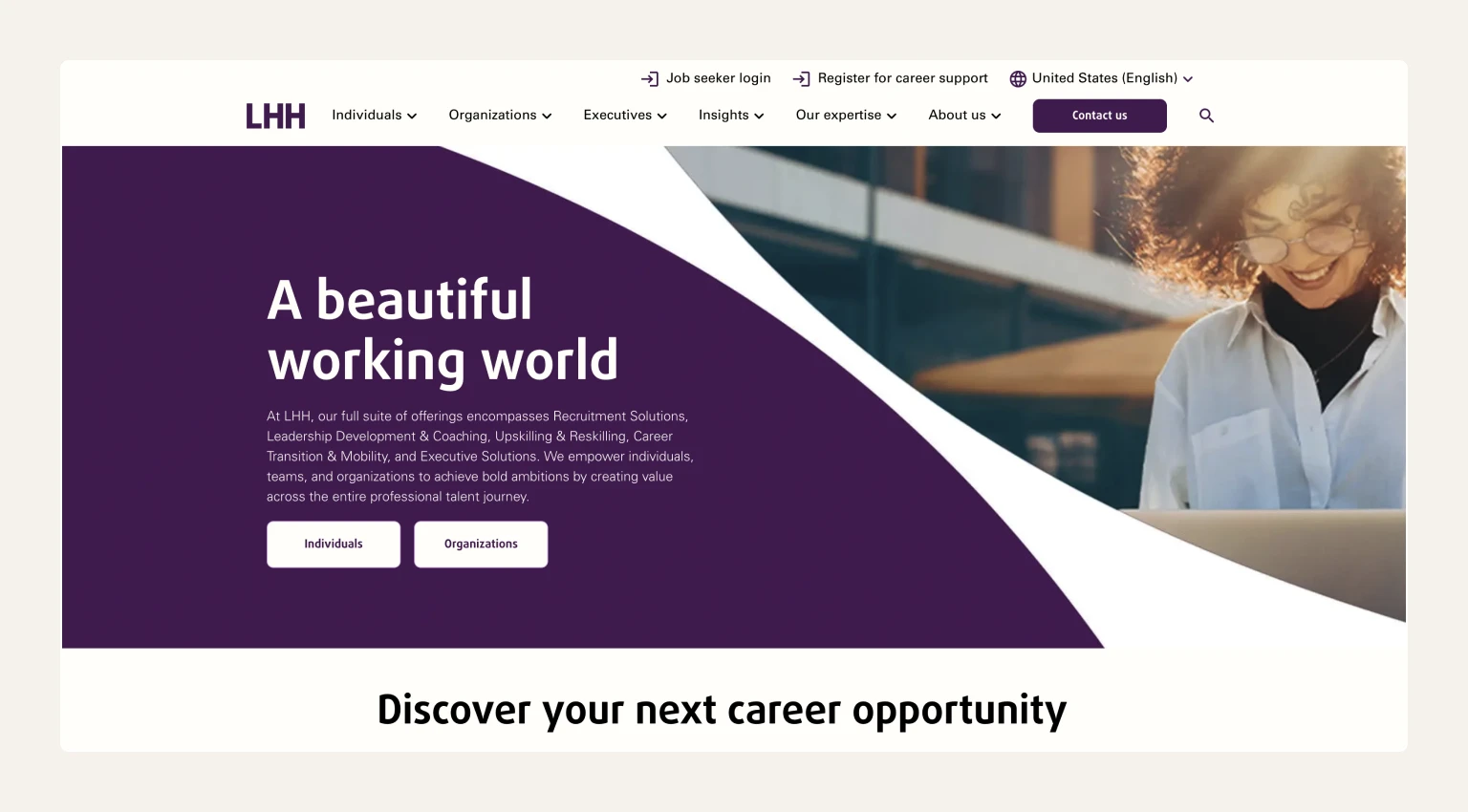Screenshot of the LHH homepage, a recruitment agency known for combining career transition services with recruitment