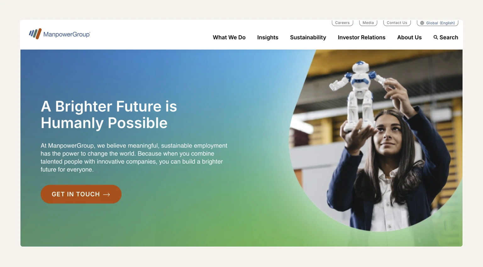 Screenshot of the ManpowerGroup homepage, a staffing agency known for large-scale staffing across skill levels