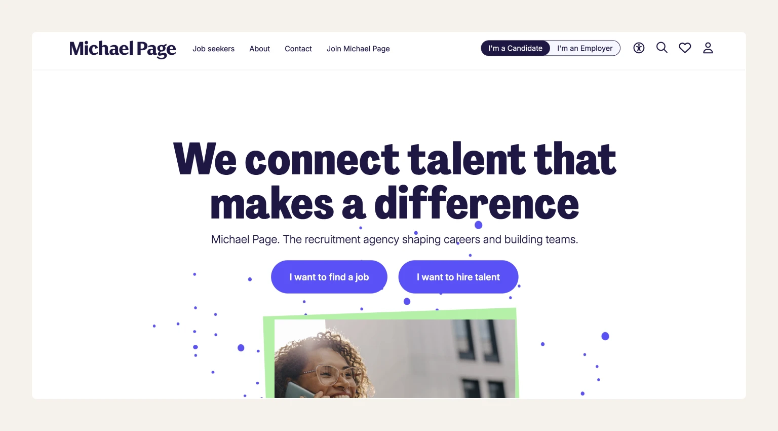 Screenshot of the Michael Page homepage, a recruitment agency known for mid-to-senior specialist and manager roles