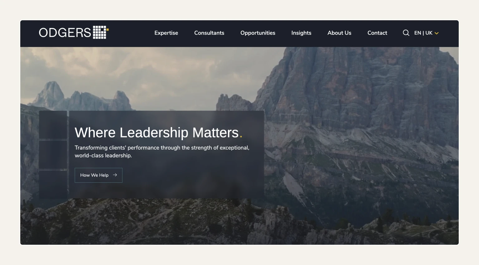 Screenshot of the Odgers Berndtson homepage, an executive search firm known for mid-market to large enterprise search