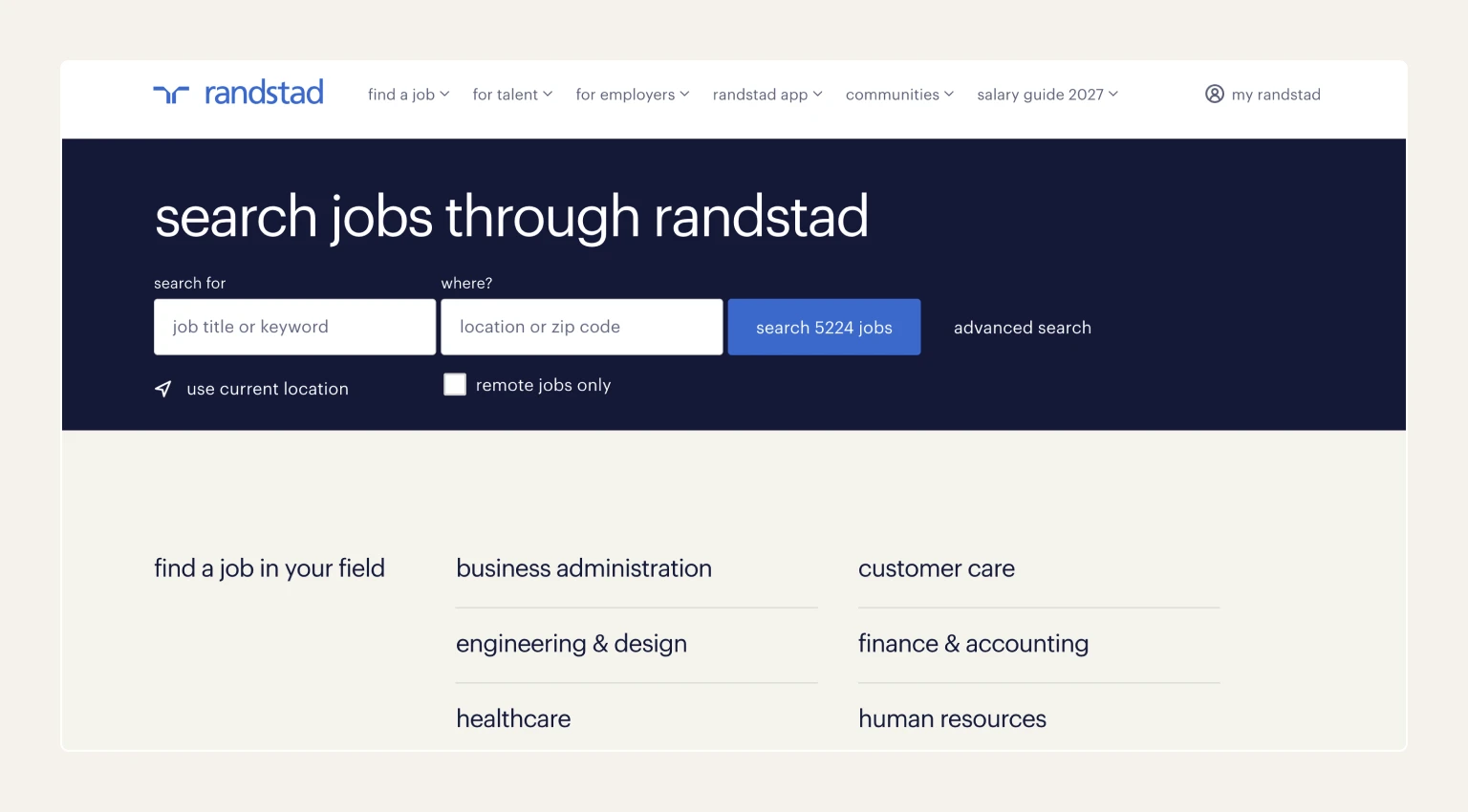 Screenshot of the Randstad homepage, a staffing agency known for high-volume specialist and temporary placement