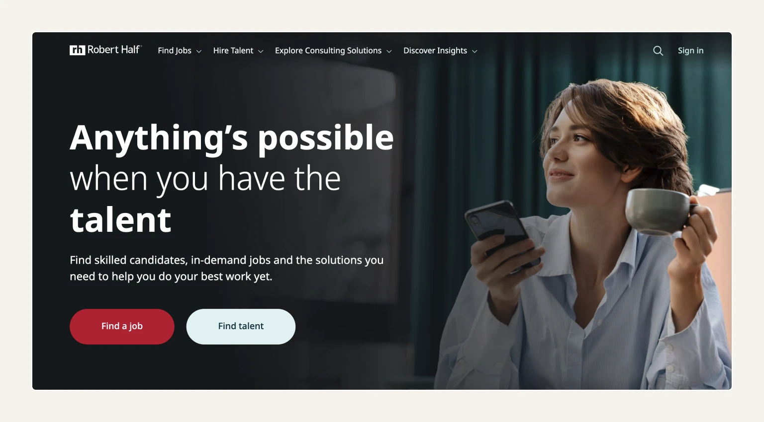 Screenshot of the Robert Half homepage, a staffing agency known for specialist coverage in finance, tech, and admin roles
