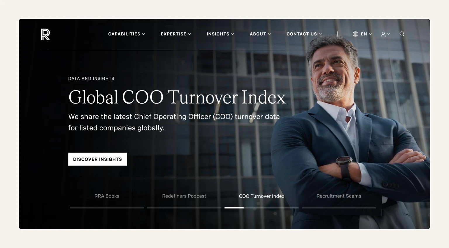 Screenshot of the Russell Reynolds Associates homepage, an executive search firm known for digital-first leadership search