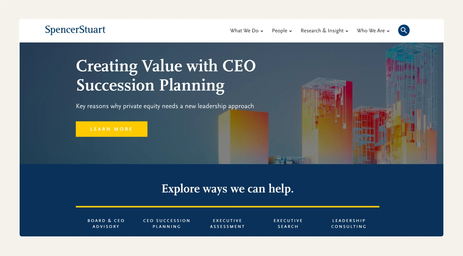 Screenshot of the Spencer Stuart homepage, an executive search firm known for board director search and succession planning