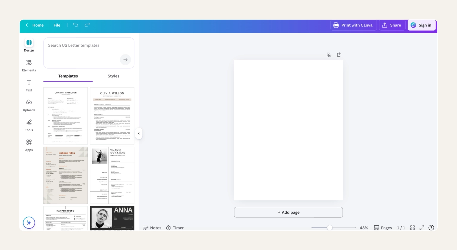 Screenshot of the Canva resume builder showing the free creative resume template gallery