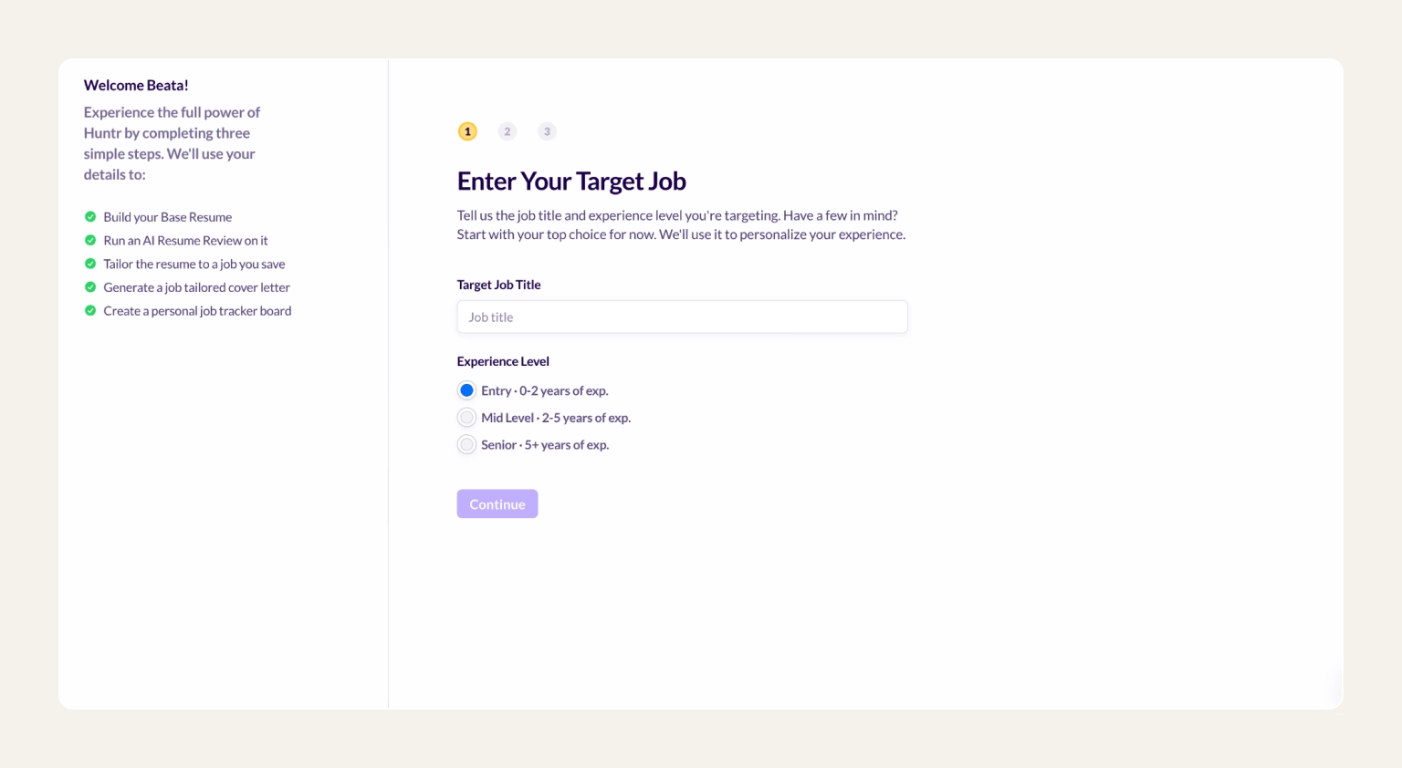 Screenshot of the Huntr dashboard showing the resume tailoring feature next to the Kanban application tracker
