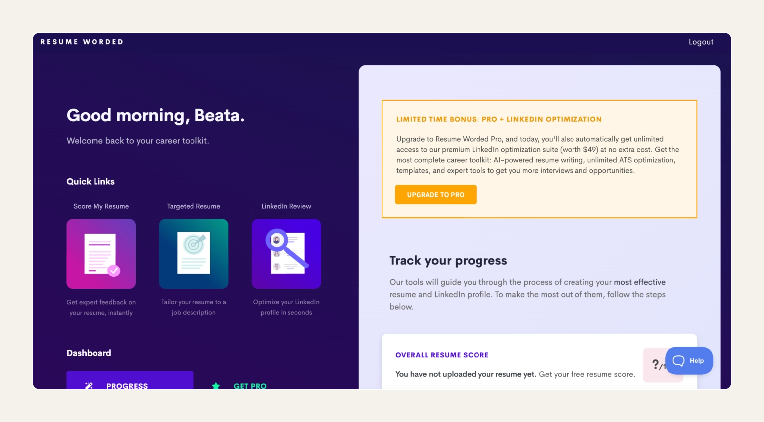 Screenshot of Resume Worded showing the AI resume grader with line-by-line feedback
