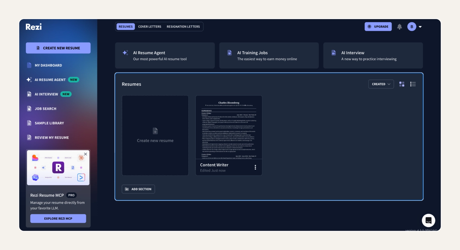 Screenshot of the Rezi editor showing the AI content score and ATS keyword suggestions