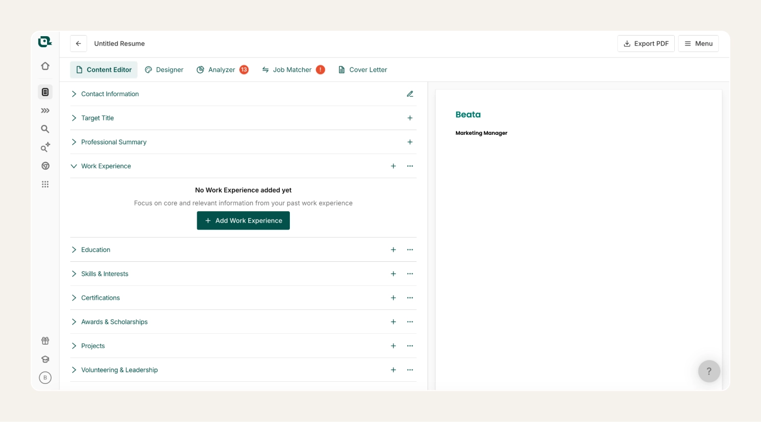 Screenshot of the Teal dashboard showing the AI resume builder alongside the job tracker and match score