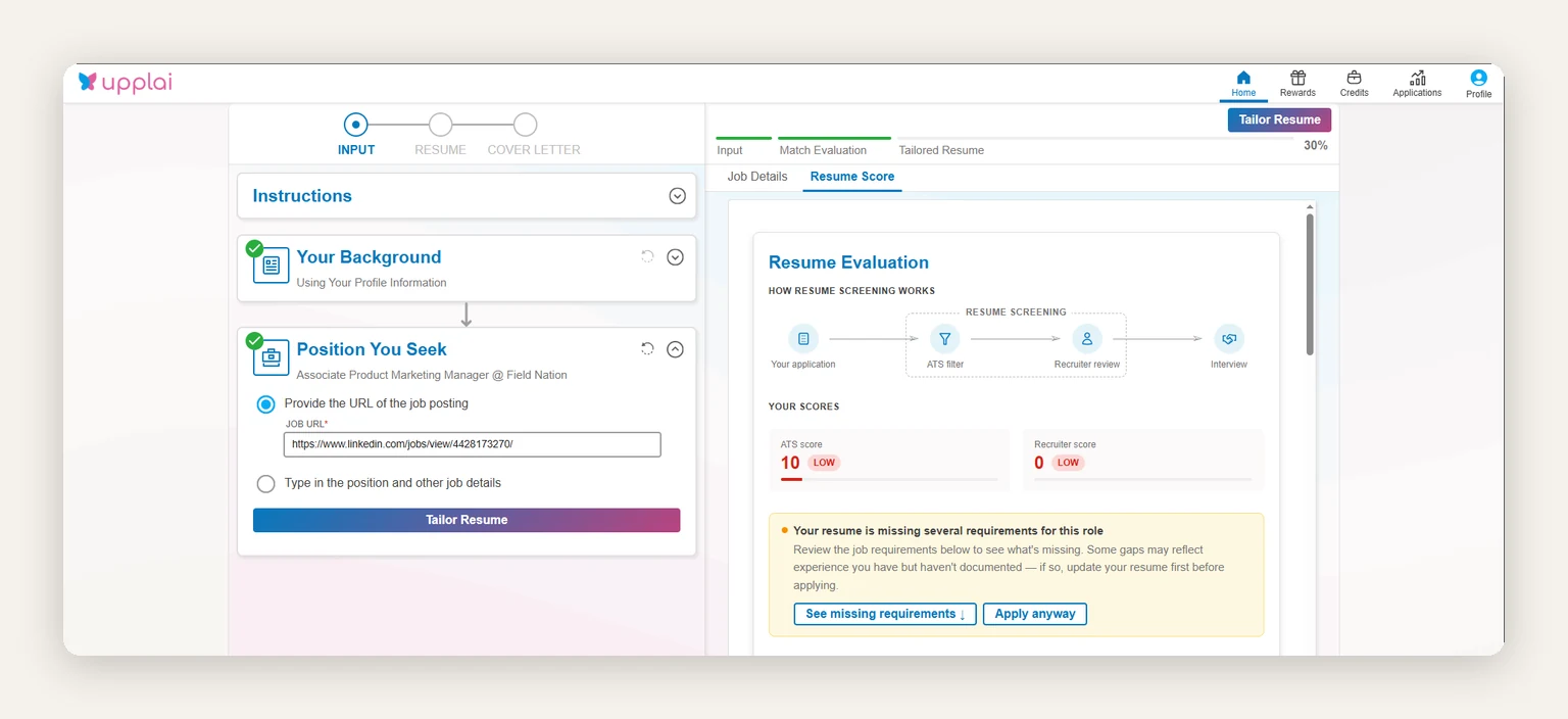 Screenshot of the Upplai editor showing highlighted AI edits with plain-language explanations alongside live ATS and recruiter scores