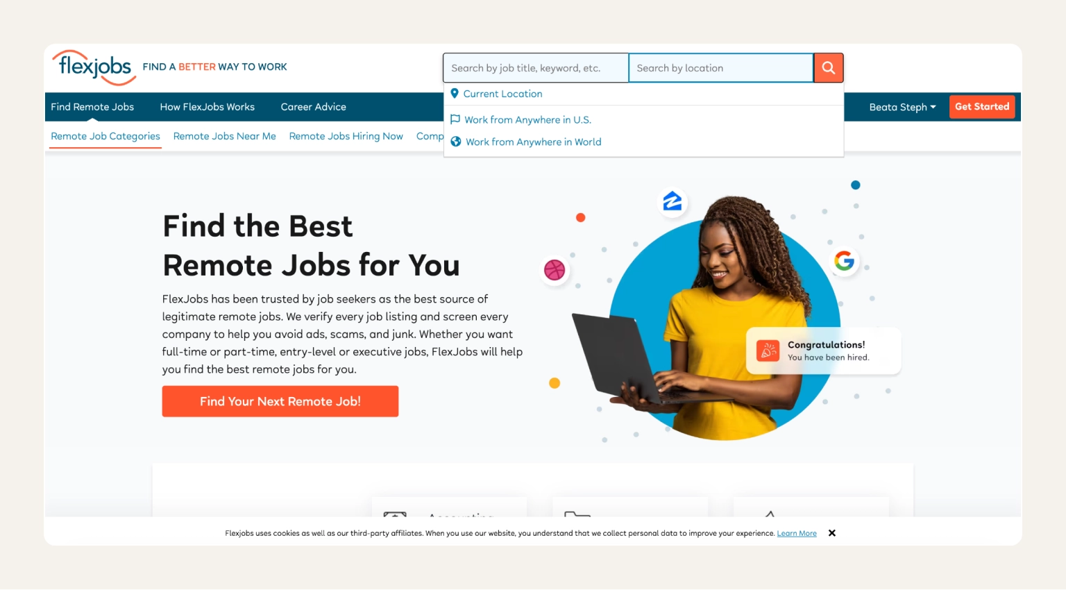FlexJobs remote job board has human-vetted listings across multiple job categories