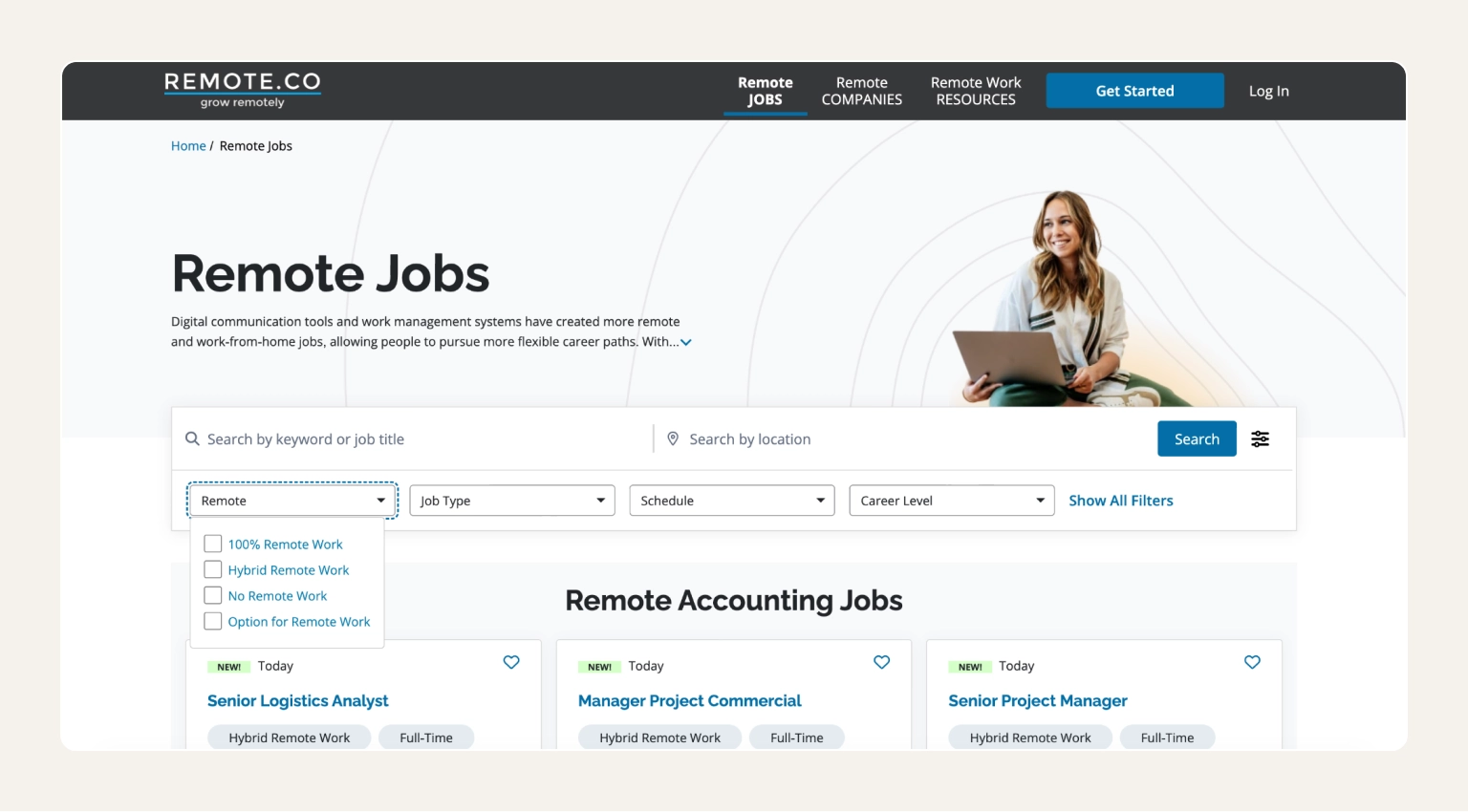 Remote.co curated remote job board homepage showing hand-selected listings from remote-first companies