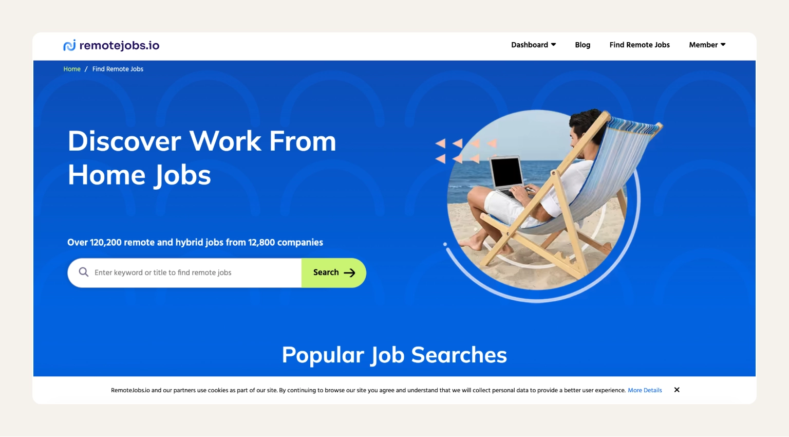 RemoteJobs.io interface showing a high volume of remote job listings with category and experience level filters