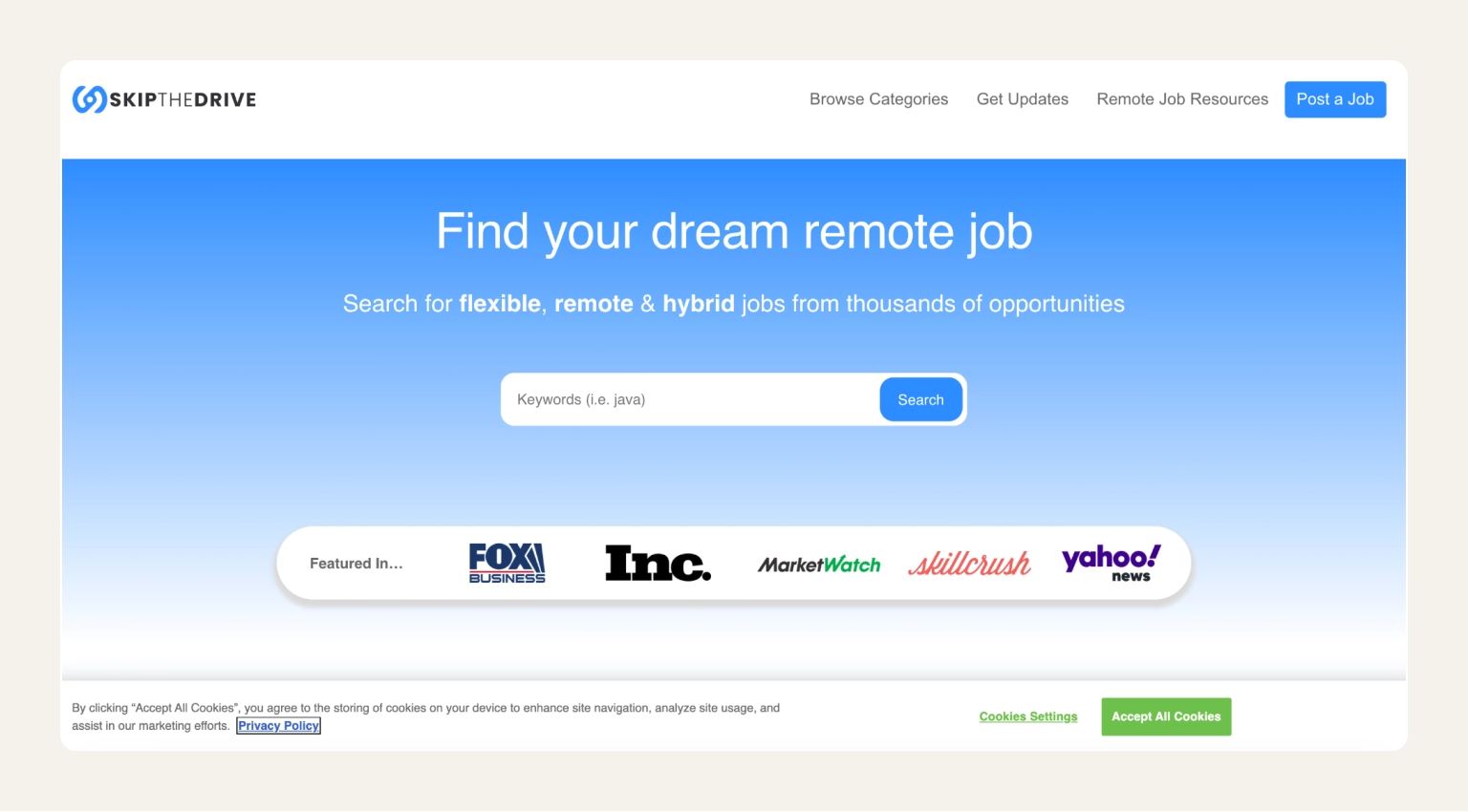 SkipTheDrive work-from-home job board showing listings in various categories