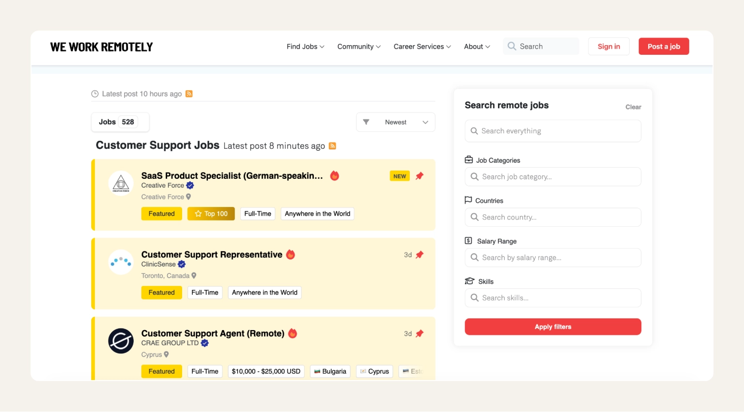 We Work Remotely homepage showing remote job listings in tech, design, and marketing categories