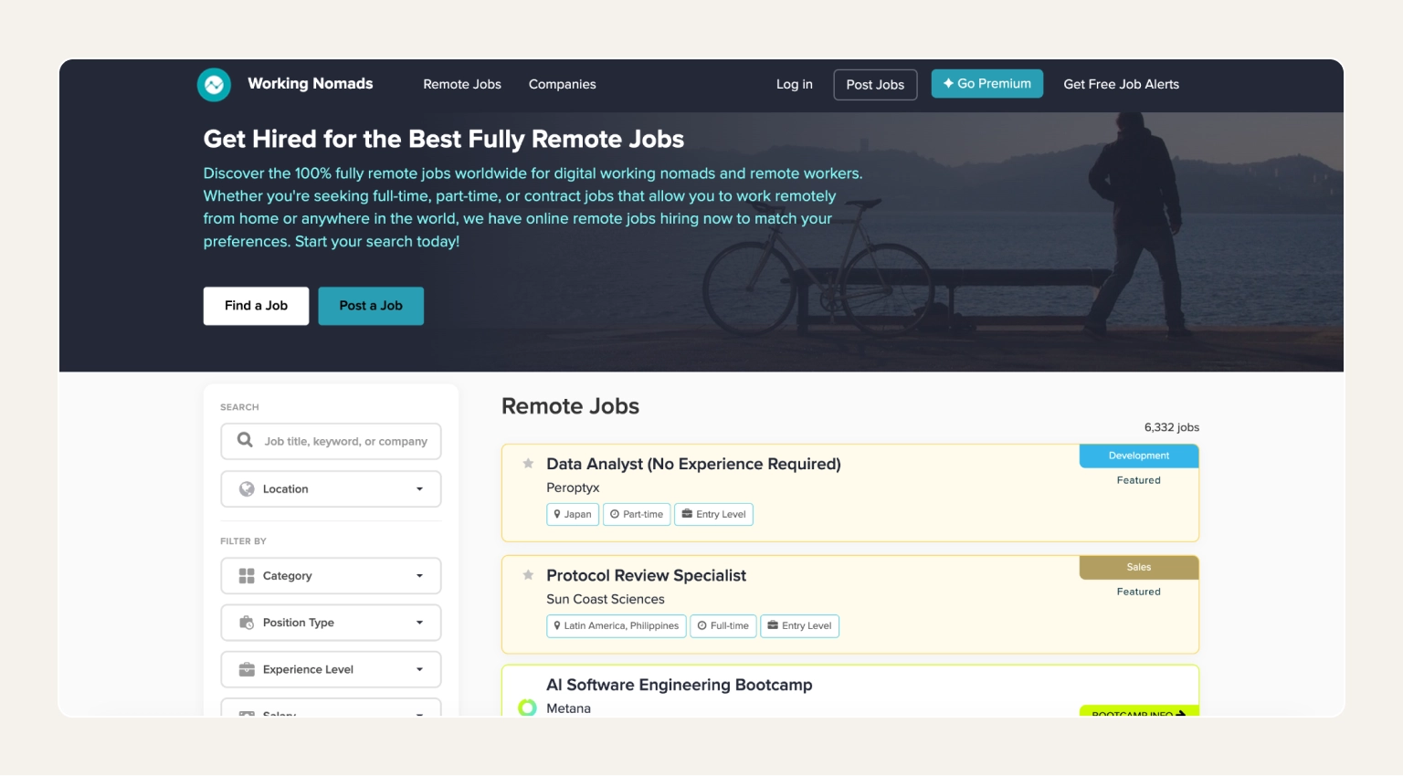 Working Nomads homepage showing curated remote job listings for location-independent professionals