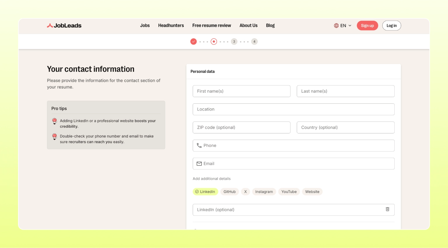 Screenshot of the JobLeads resume builder showing the resume editor, template library, and job match score
