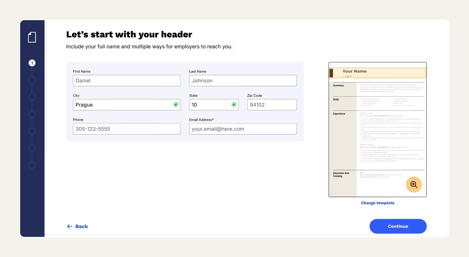 Screenshot of the Resume Now builder showing the guided wizard and profession-specific content library