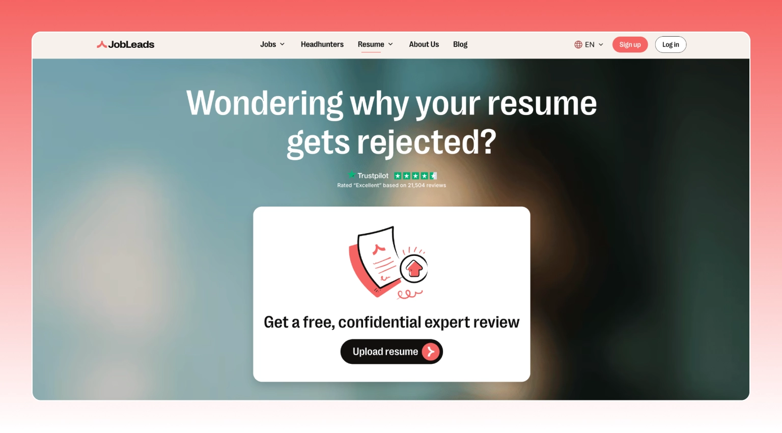 Screenshot of the JobLeads platform showing the free AI-assisted and expert resume review feature inside a member's job search dashboard