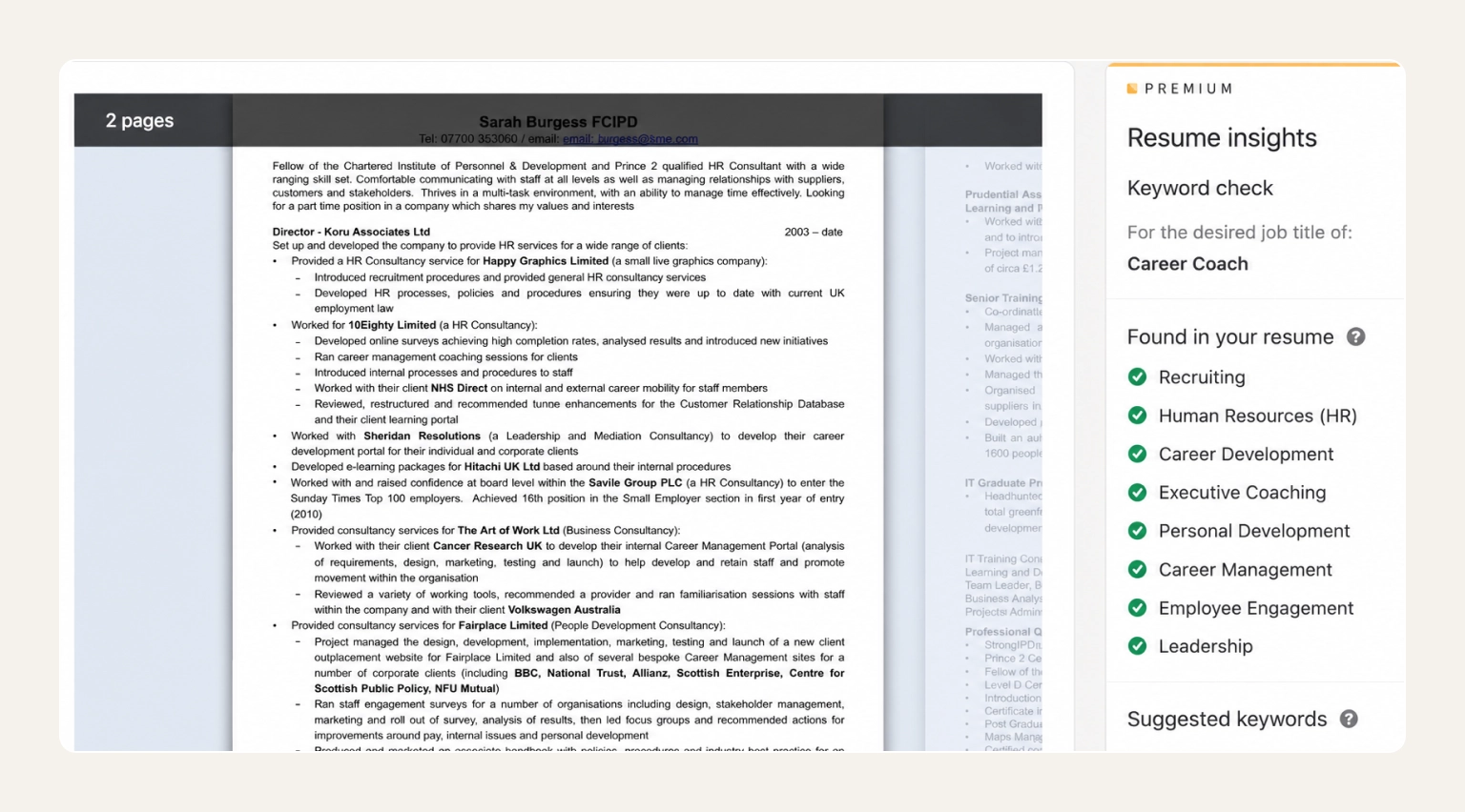 Screenshot of LinkedIn Premium Career's AI-assisted resume feedback and profile comparison feature