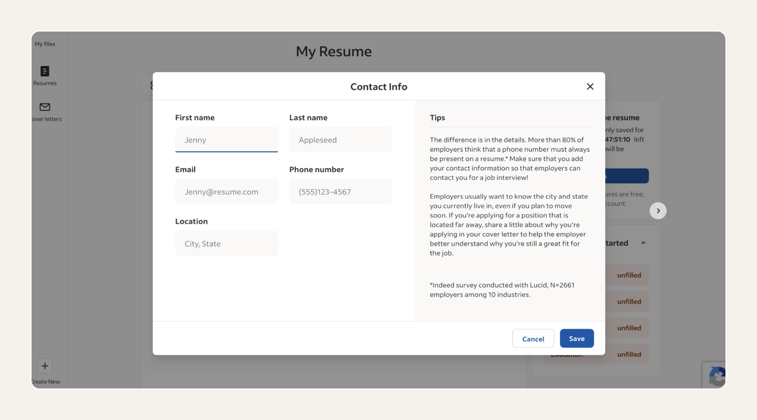 Screenshot of the Resume.com free resume builder showing a template selection screen