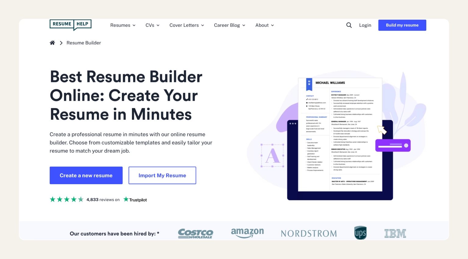 Screenshot of the Resume Help website showing the 14-day trial offer and resume template gallery