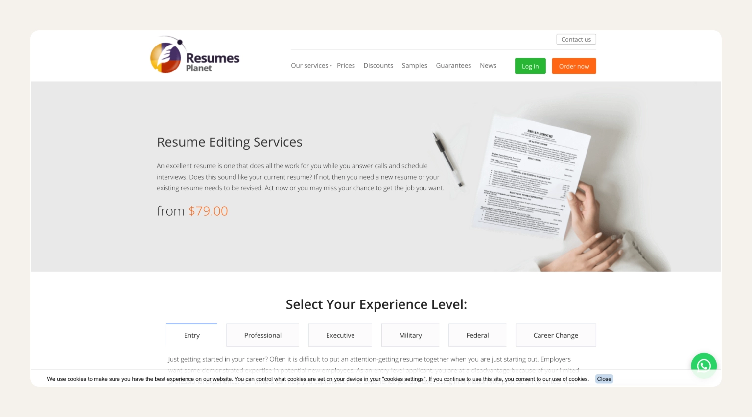 Screenshot of the Resume Planet website showing entry-level resume writing packages and pricing