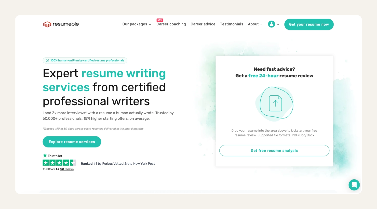 Screenshot of the Resumeble website showing Professional, Premium, and Executive Pro package tiers with guarantee terms