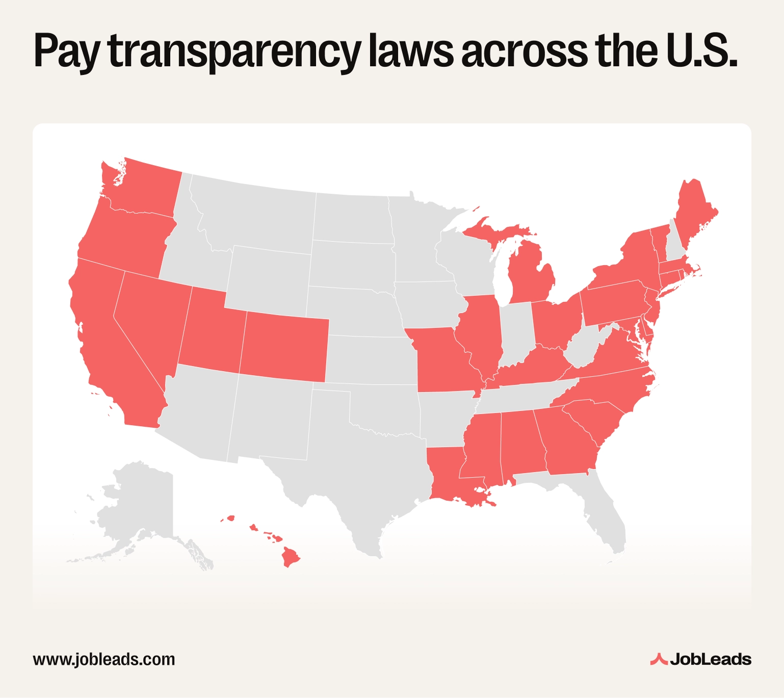 A map marking the states that have pay transparency laws in place