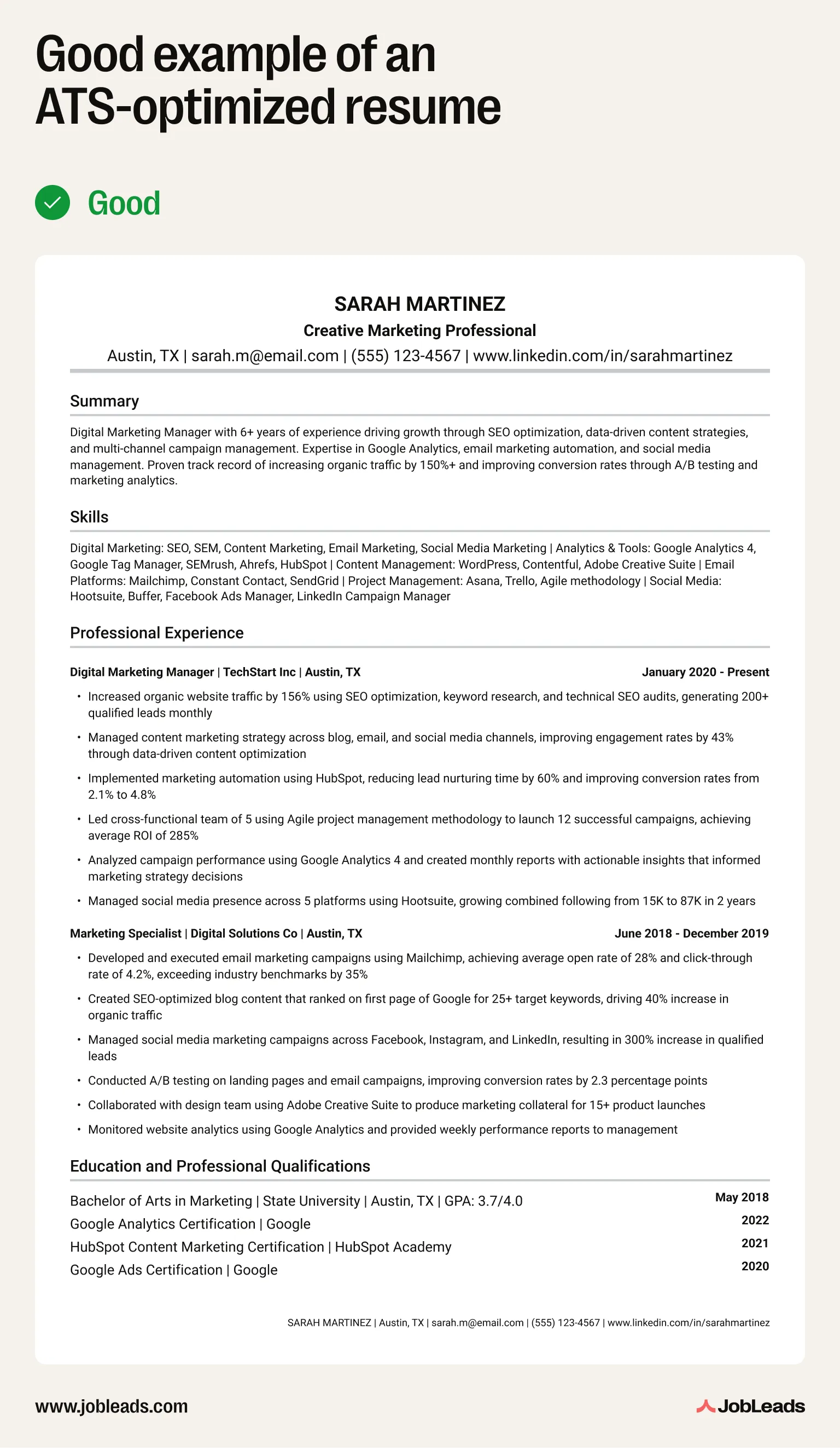 Good example of a resume optimized for ATS