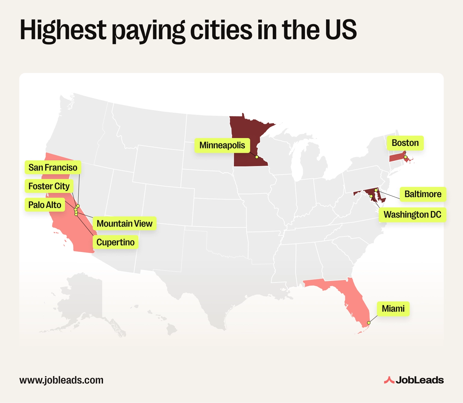 A map showing the highest paying cities in the US